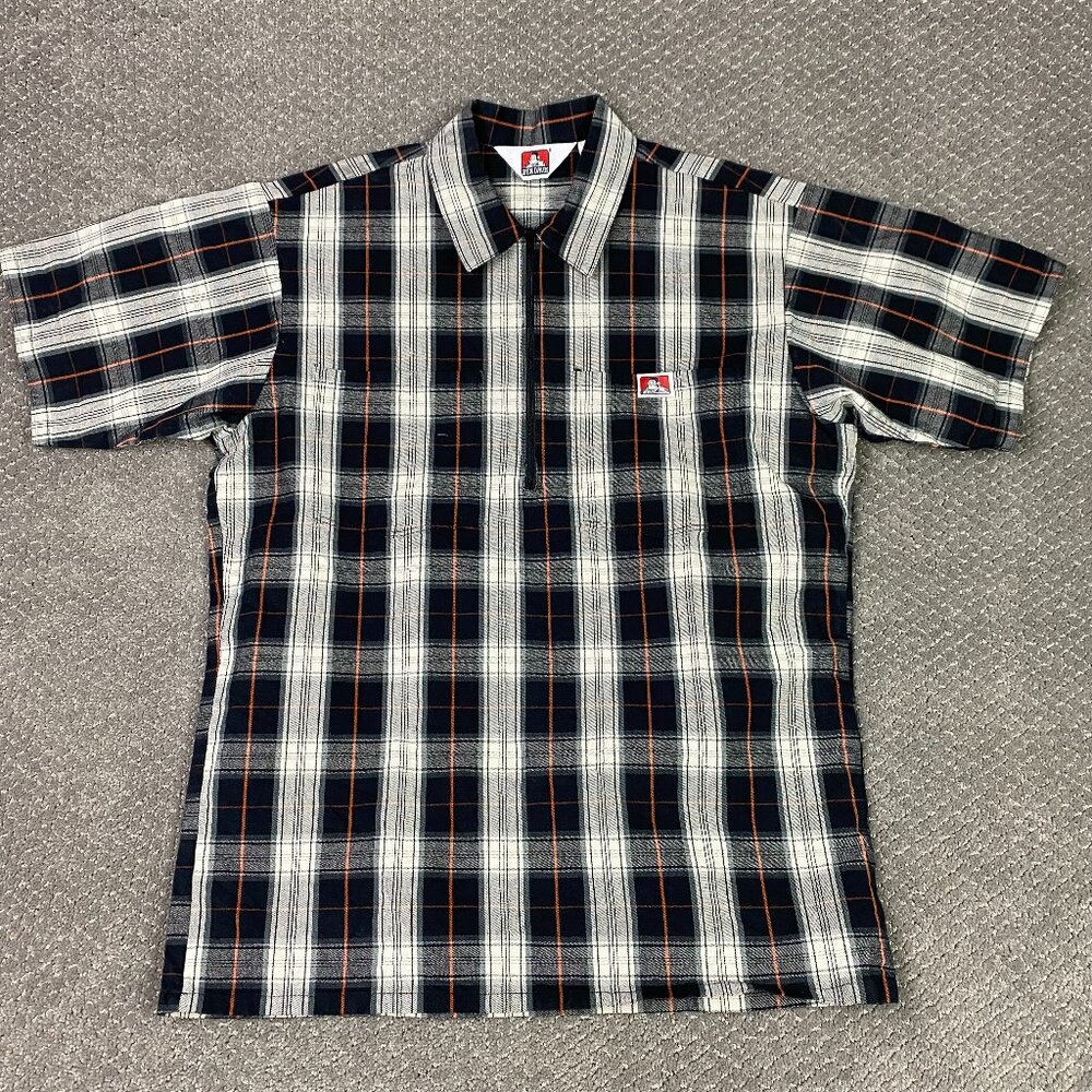 Ben Davis Shirt Mens Medium Black Gray Plaid 1/2 Zip Short Sleeve Work Workwear